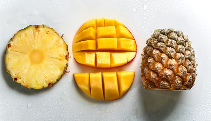 Pineapple and mango slices artistically arranged with water drops on a white background.