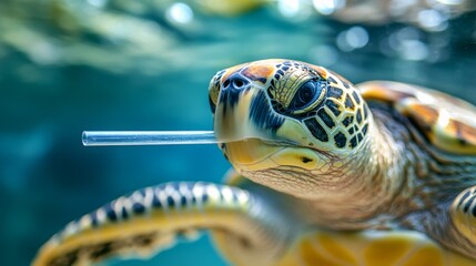Sea Turtle with Plastic Straw Stuck in its Mouth