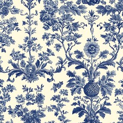 Elegant Seamless Toile Pattern in Blue and Cream