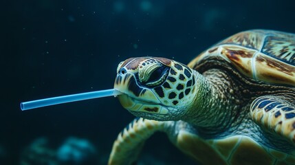 Fototapeta premium Sea Turtle Caught in Plastic Straw