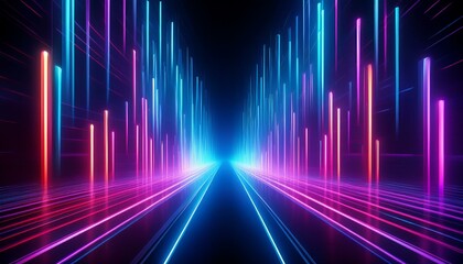 Neon Light Streaks in Vertical Motion. Abstract background vertical pink blue neon lines plasma jets virtual northern lights aurora borealis