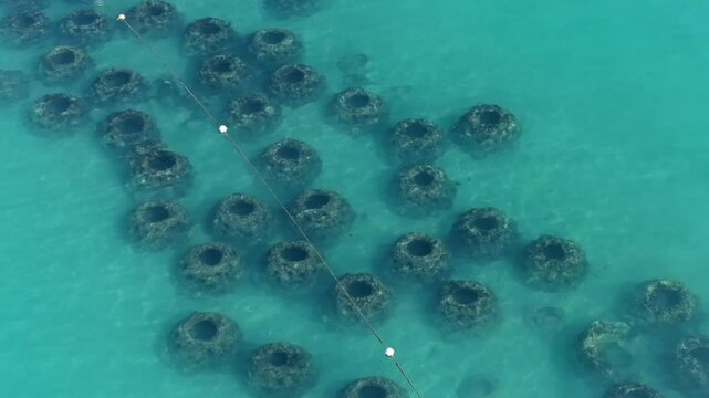 Aerial view of artificial reefs at the bottom of the ocean in Dominican republic