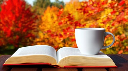 Naklejka premium Autumn reading retreat with hot beverage colorful foliage