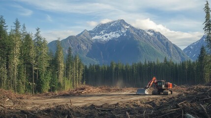 Excavator Clearing a Deforested Area in Front of a Mountain