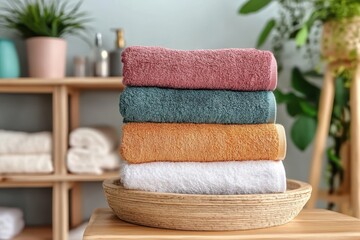 Stack of colorful towels in cozy bathroom interior