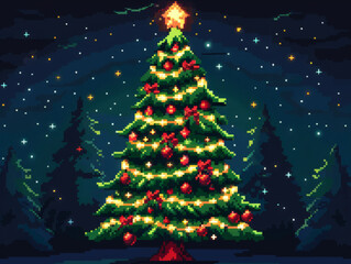 A vibrant pixel art Christmas tree adorned with ornaments and lights shines against starry night sky, evoking festive and joyful atmosphere.