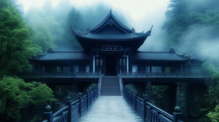Fototapeta premium A wooden bridge leads to a traditional Asian temple, shrouded in mist.