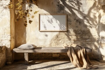 Tranquil courtyard scene with rustic wooden bench empty picture frame