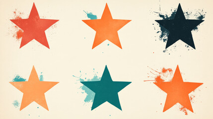 Six colorful stars on a white background with splattered paint.