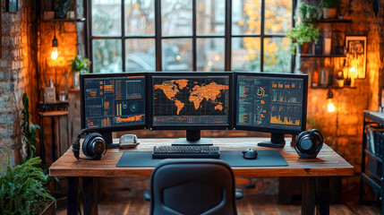 Remote programmer's home office with three monitors showing code and a world map