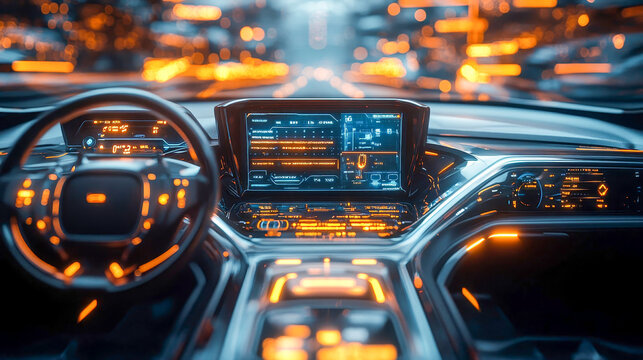 Nighttime drive showcasing the digital interface of a futuristic car on the road