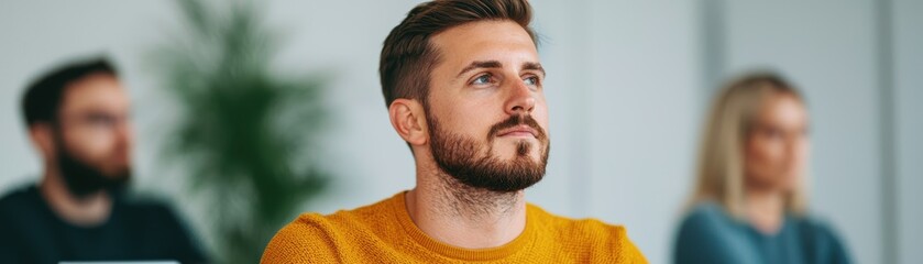 Obraz premium Focused man in yellow sweater listening attentively in classroom setting, surrounded by peers. atmosphere is engaging and thoughtful, highlighting moment of learning