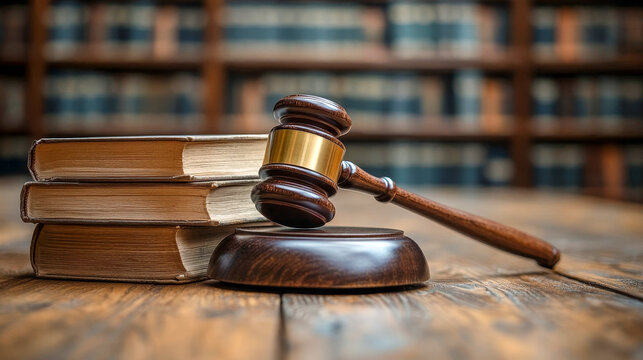 Wooden gavel is resting on a sound block with law books in a library, symbolizing justice, law, and legal proceedings - Powered by Adobe