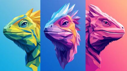 Obraz premium Three colorful, low-poly lizard illustrations.