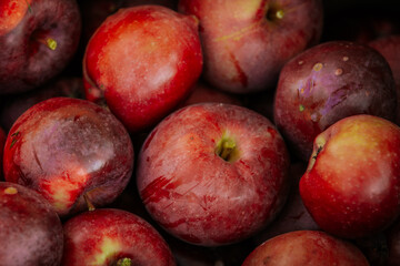 A close-up of ripe red apples, with one featuring a bright green leaf. The apples display a natural sheen, showcasing their freshness and vibrant colors