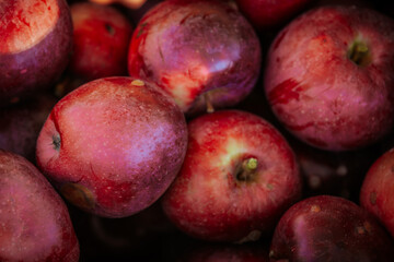 A close-up of ripe red apples, with one featuring a bright green leaf. The apples display a natural sheen, showcasing their freshness and vibrant colors