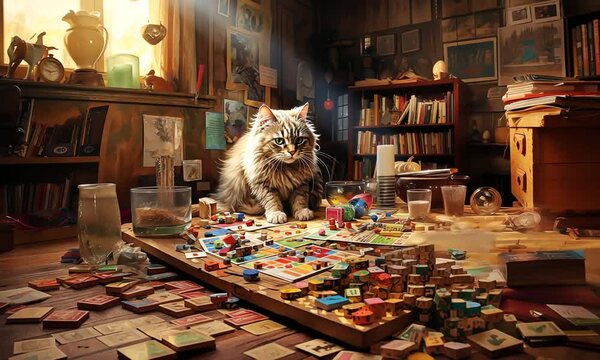 Magnifique chat angora blanc mettant le d&eacute;sordre parmi les pions en bois d&rsquo;un jeu de soci&eacute;t&eacute;, pr&ecirc;t &agrave; renouveler son attaque