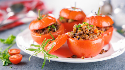 stuffed tomato filled with ground meat. Perfect for healthy eating and gourmet meals