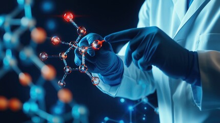 Scientist pointing to a 3D model of a molecule during a presentation, vibrant and detailed visuals, focus on chemistry and innovation