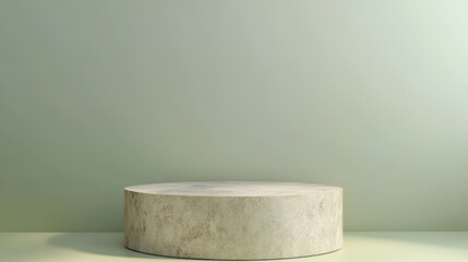 Stone piece podium in white clean room, Front view - Minimalism background for products cosmetics, food or jewellery,3d render of beige background with round podium for product presentation
