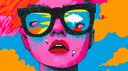 A colorful illustration of a woman wearing sunglasses, looking up at the clouds.