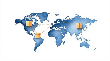 Obraz premium Global shipping network with packages on world map
