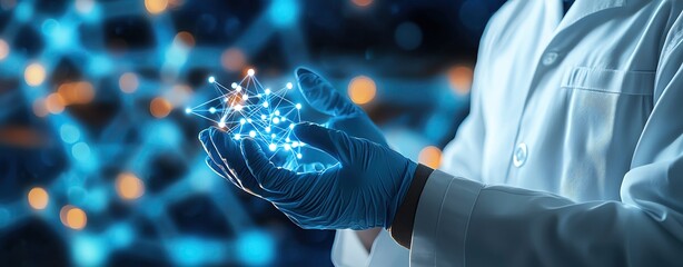 Chemist presenting new findings in drug development, vibrant molecular visuals and charts, focus on medical innovation and discovery