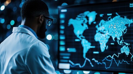Environmental scientist presenting data on climate change, charts and maps on the screen, focus on global awareness and research