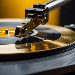 Turntable arm on golden Vinyl record rotating in a macro