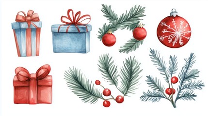 Colorful watercolor Christmas decorations featuring gifts, ornaments, and festive greenery in a cheerful arrangement for holiday celebrations