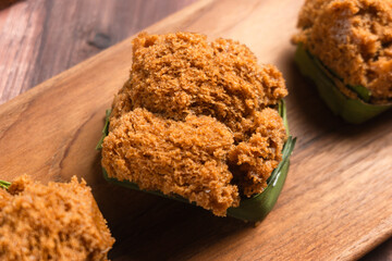 Bolu kukus gula merah (brown sugar steamed sponge cake). with copy space. perfect for recipe,...