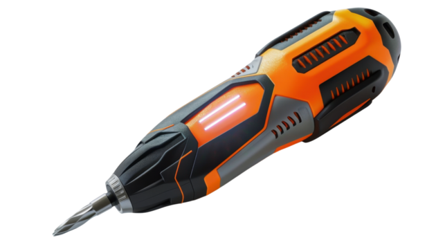 Future wireless electric screwdriver with LED light on white background