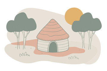 Village Nature Landscape Scene: Vector Art of Mud Hut Surrounded by Trees