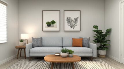 Fototapeta premium modern living room featuring light blue sofa adorned with decorative pillows, wooden coffee table, and potted plants. space is bright and inviting, enhanced by framed botanical art on walls