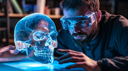 A scientist analyzes the hologram of a human skull. The concept of advanced technology in medical research, emphasizing innovation in anatomy studies and scientific discovery. Generative AI.