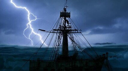 A silhouette of a ship on a stormy sea with lightning in the background.