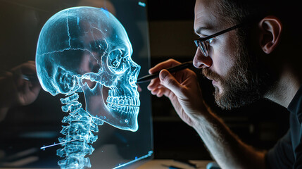 A scientist analyzes the hologram of a human skull. The concept of advanced technology in medical research, emphasizing innovation in anatomy studies and scientific discovery. Generative AI.