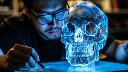 A scientist analyzes the hologram of a human skull. The concept of advanced technology in medical research, emphasizing innovation in anatomy studies and scientific discovery. Generative AI.