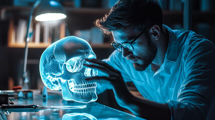 A scientist analyzes the hologram of a human skull. The concept of advanced technology in medical research, emphasizing innovation in anatomy studies and scientific discovery. Generative AI.