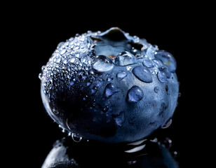 Close-up of fresh blueberry with water droplets on a solid black background