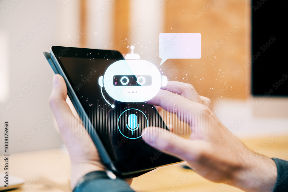 Poster close up of businessman hand using digital pad with glowing robot head on blurry background. chat bo