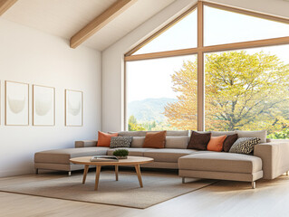 Fototapeta premium Modern living room with large windows showcasing autumn trees and natural light