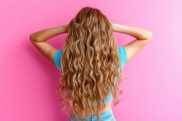 Fototapeta premium Young woman with curly hair standing pink background