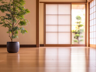 A tranquil indoor space featuring a potted plant by the sliding doors on a sunny afternoon