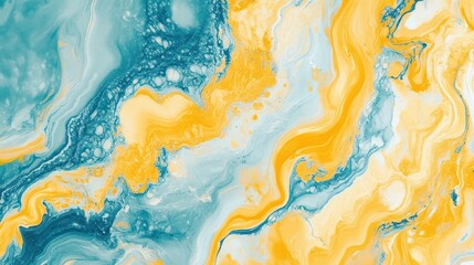 Abstract art of yellow and blue swirls and patterns.