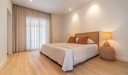 Fototapeta premium Bright and minimalist bedroom with natural lighting, wooden flooring, and cozy decor