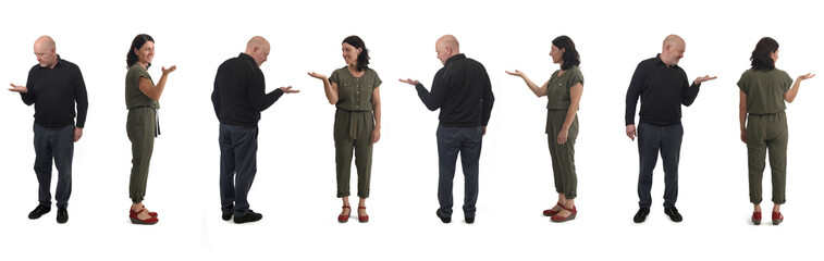 front side and back view of same woman and man showing an imaginary object in her hand on white background