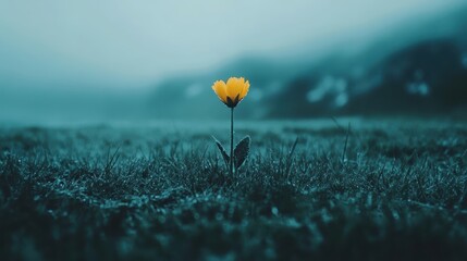 Solitary yellow flower standing in moody blue field