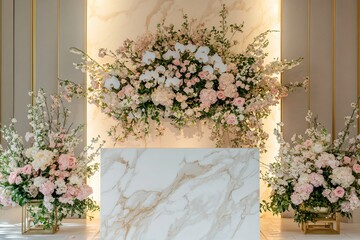 A marble podium decorated with floral arrangements in shades of pink and white.