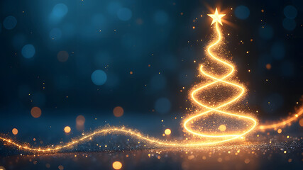 Golden Christmas Tree In Abstract Night